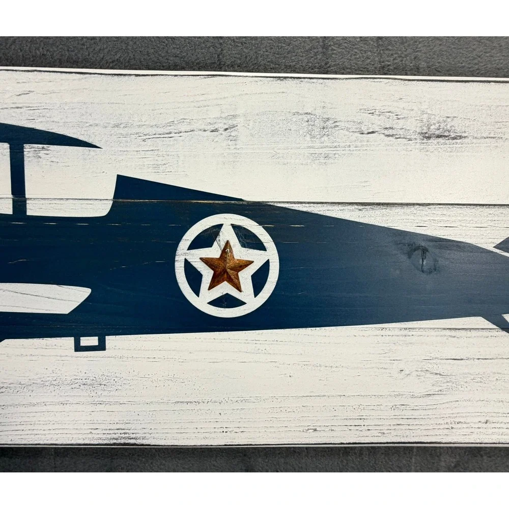 Woodstock Rustic Biplane Wood Wall Art Vintage Aviation Decor Navy White Star